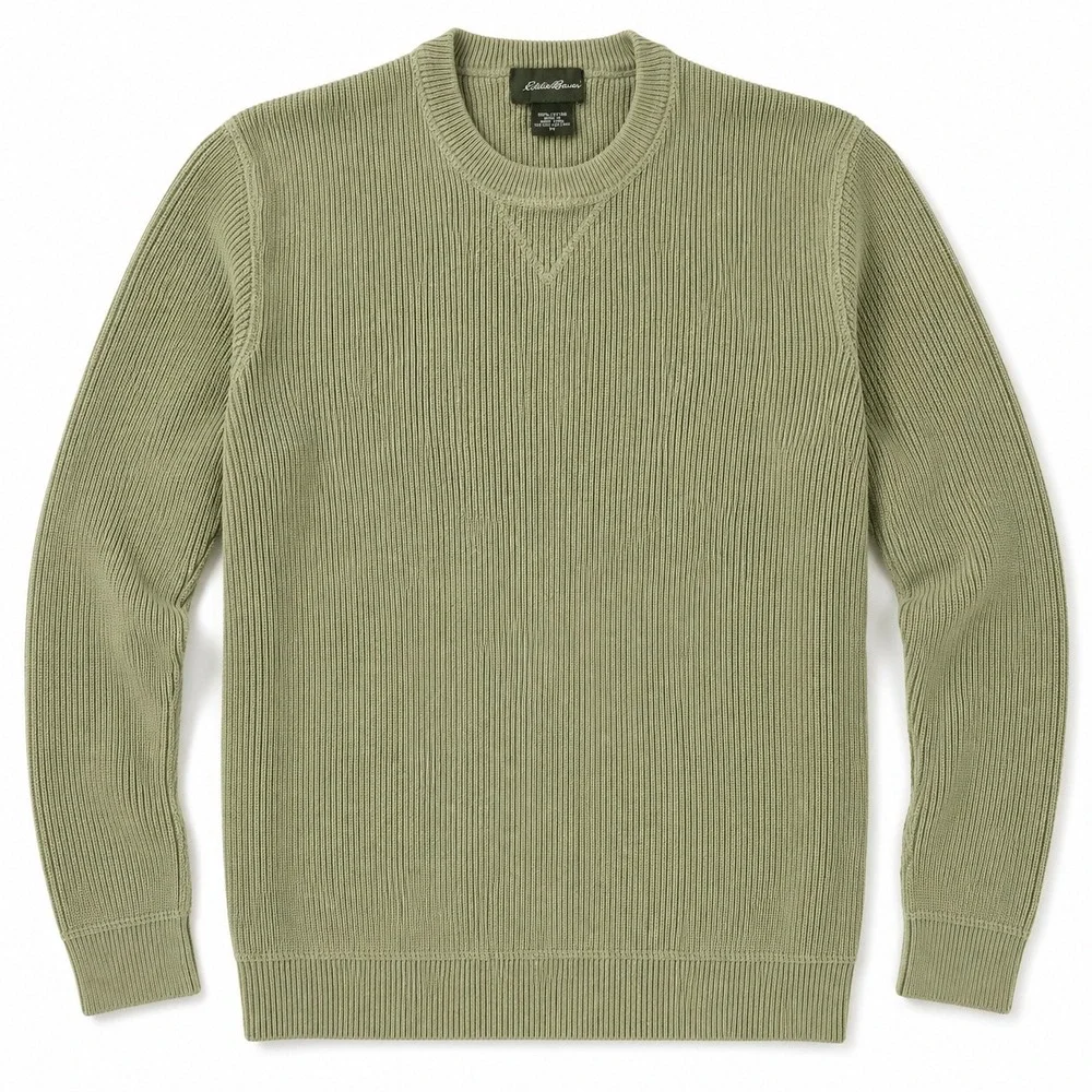 VTG 90s Eddie Bauer Mens M Ribbed  Crewneck Cotton Sweater Olive Green Hong Kong